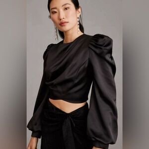 Anthropologie Mare Mare black puff sleeve satin top XS